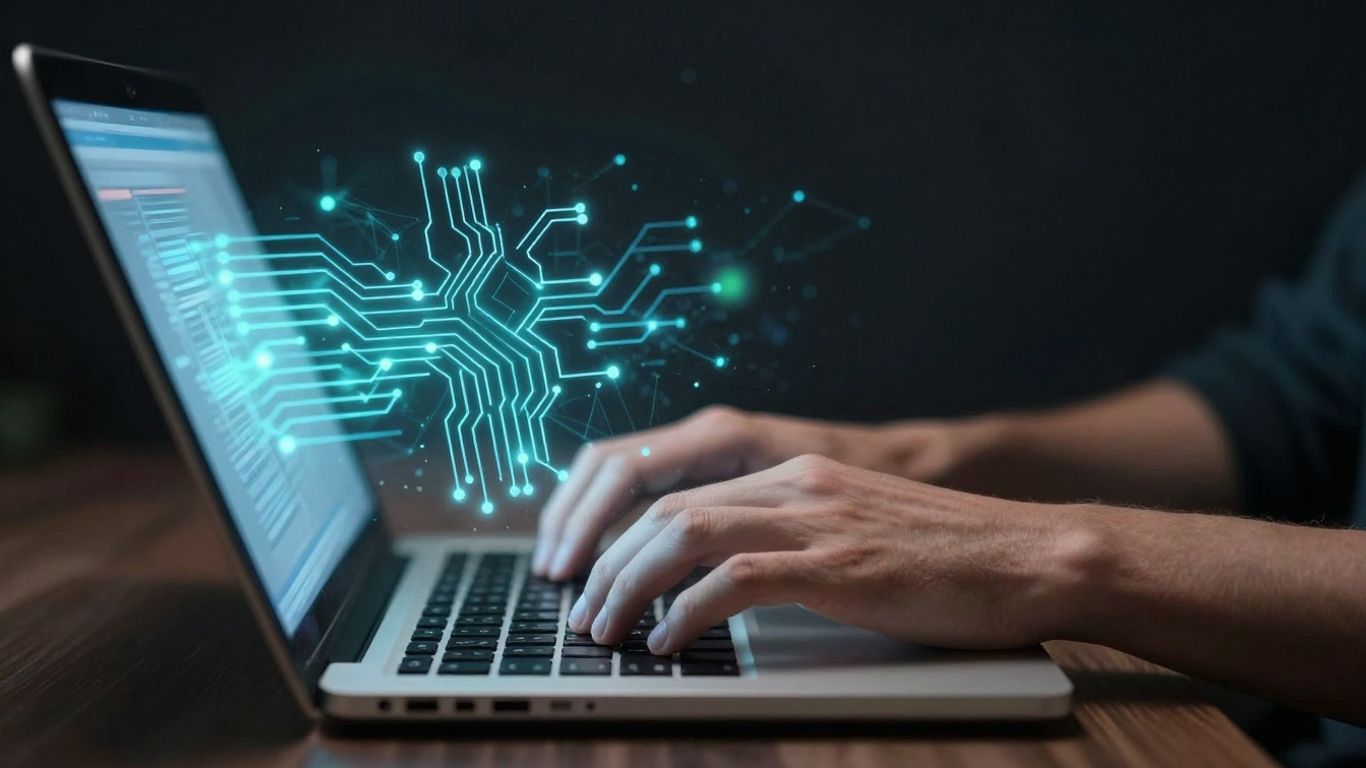 Hands typing on a laptop with digital network lines.