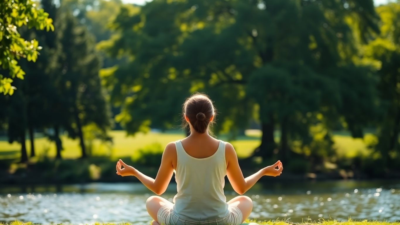 Person meditating peacefully outdoors with nature.