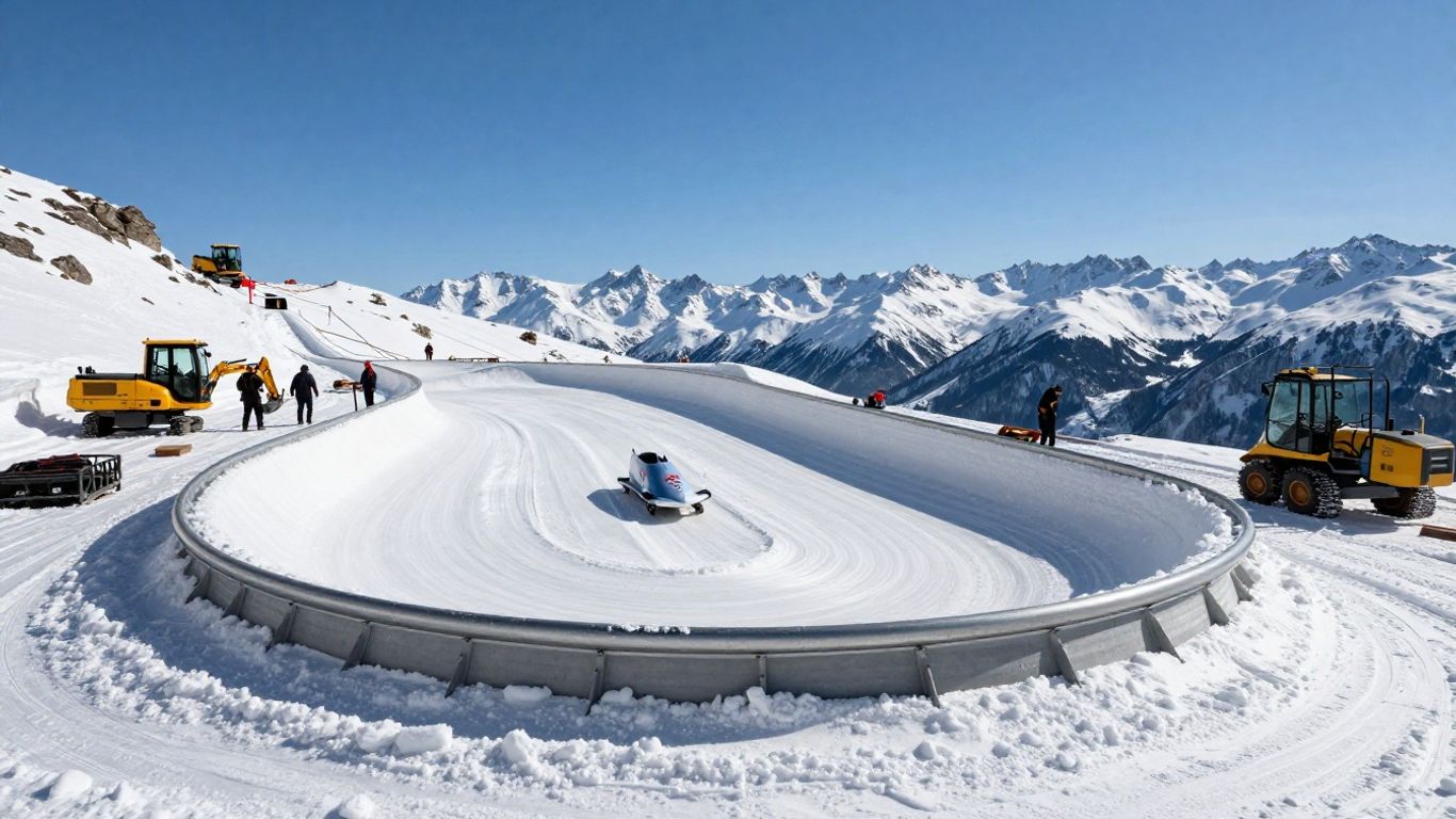 2026 Winter Olympics: What to Expect 2 Olympic bobsled track under construction in snowy mountains.