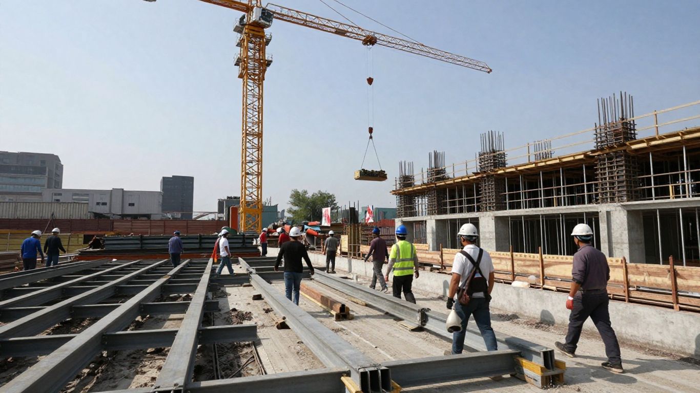 Construction site with cranes and workers building rapidly.