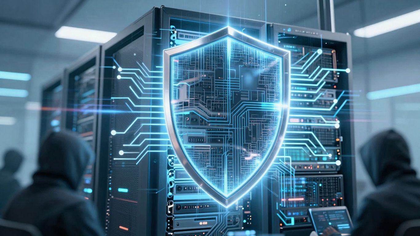 Website security shield protecting server from hackers.