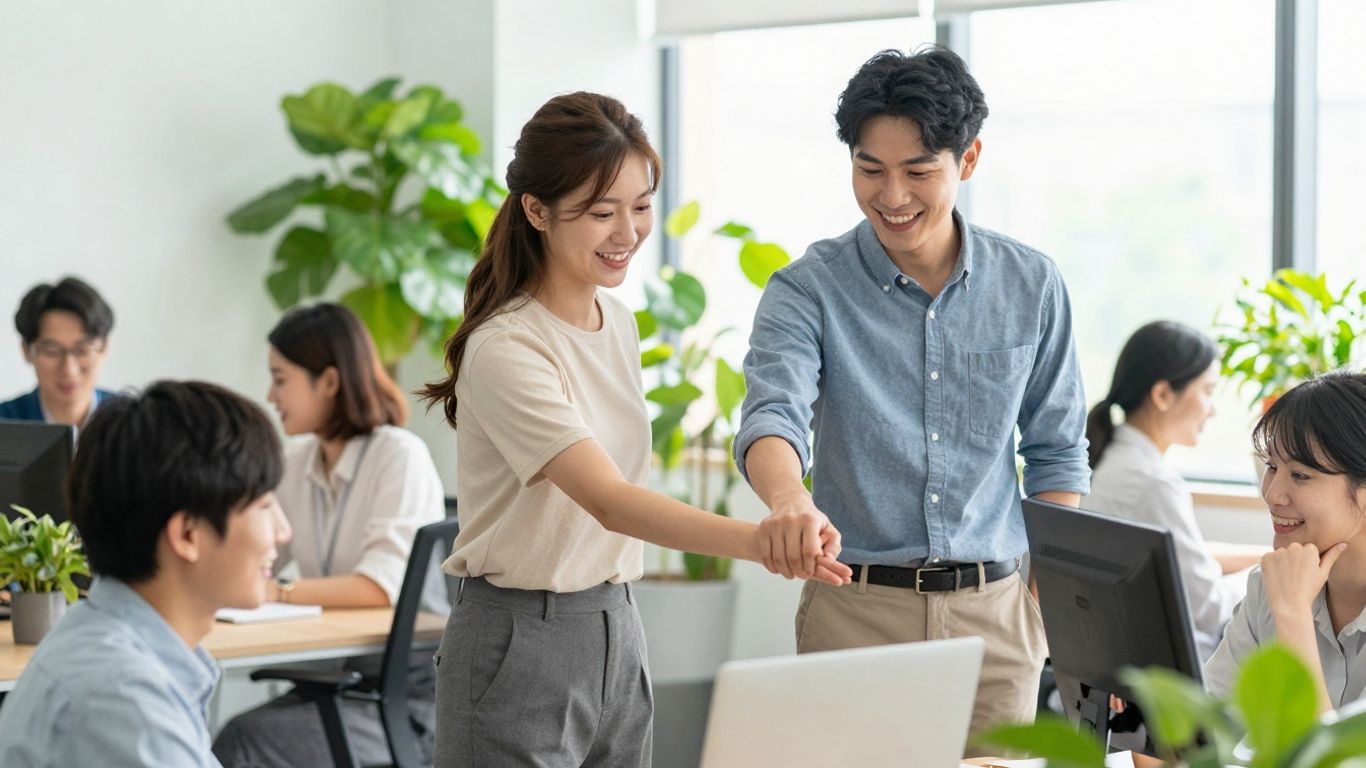 Gelukkige collega's die samenwerken in een zonnig kantoor.