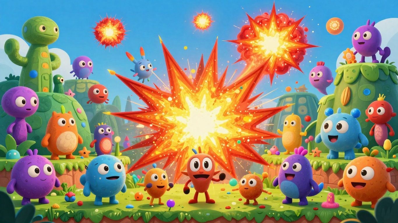 Surreal video game characters and colorful, chaotic environments.