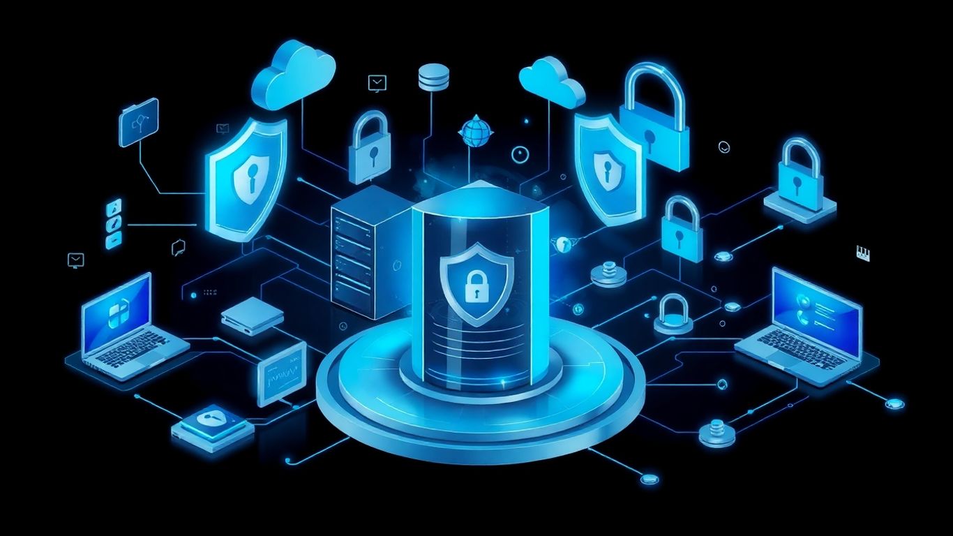 Infographic with cybersecurity shields, servers, and network professionals