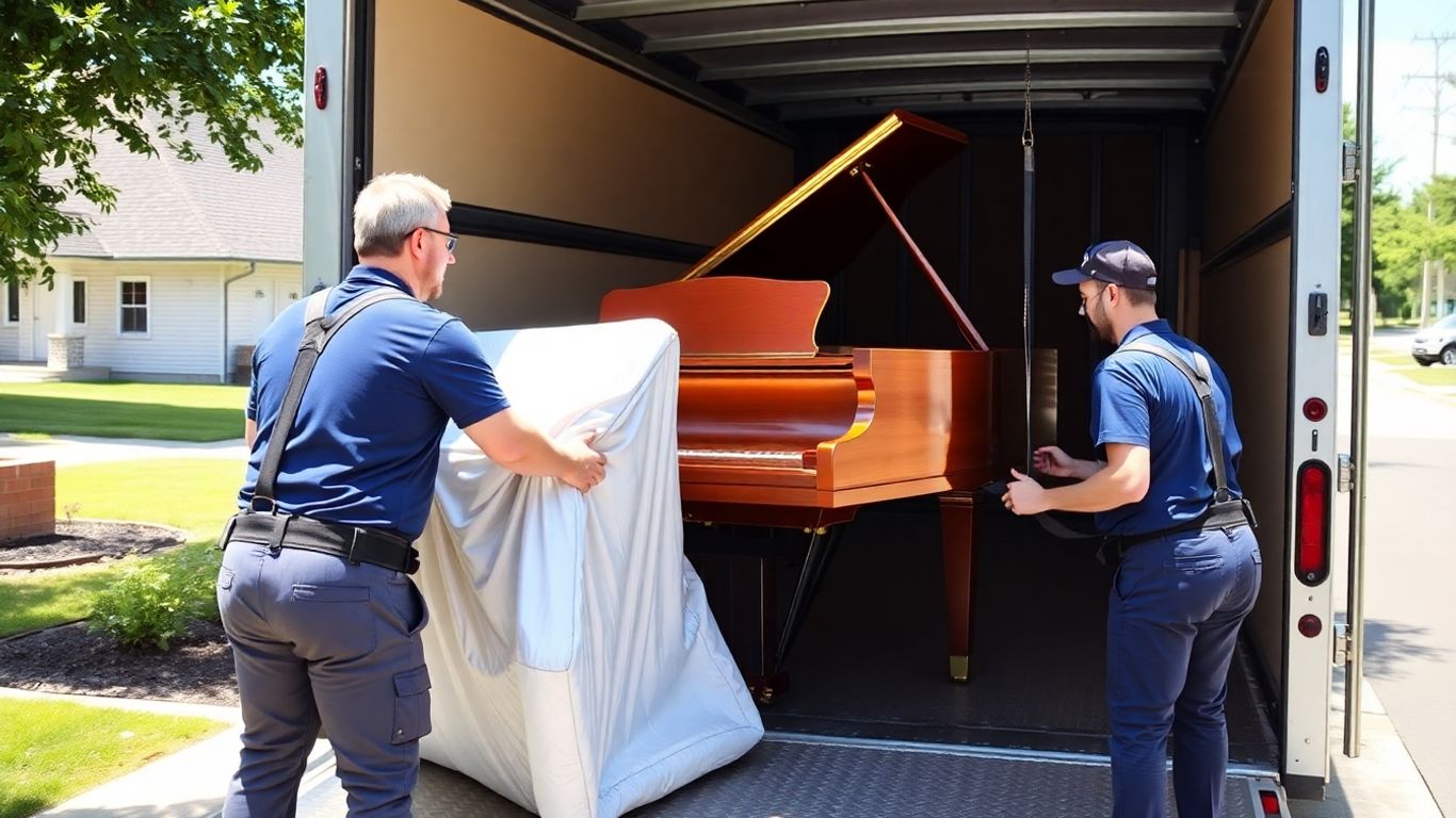 Piano movers carefully loading a grand piano onto a truck.