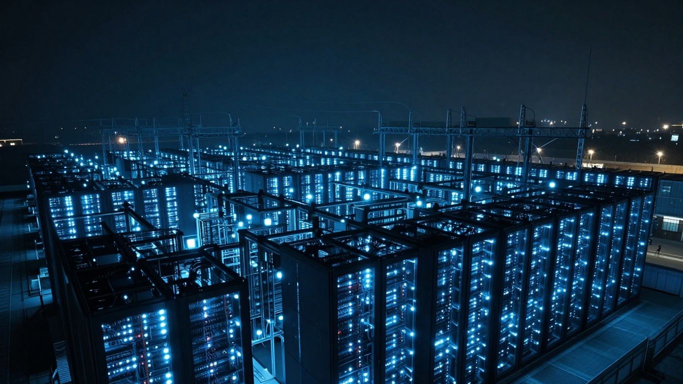 Server farm with power lines against a dark sky.