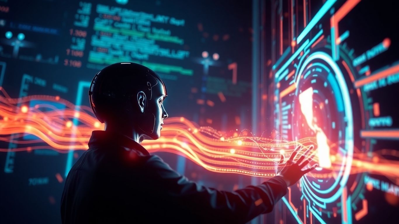 Replit Agent interface with glowing code streams.