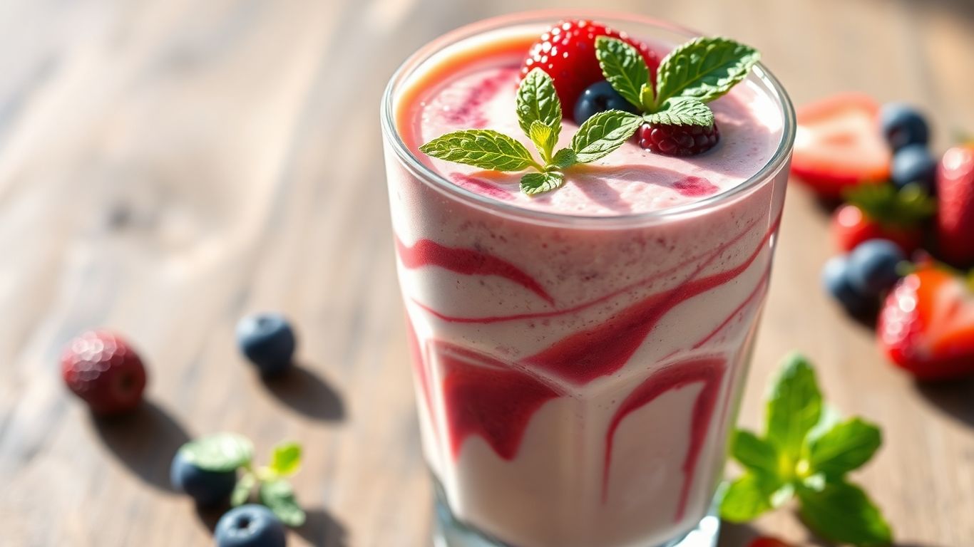 Healthy breakfast smoothie with fresh berries and mint.