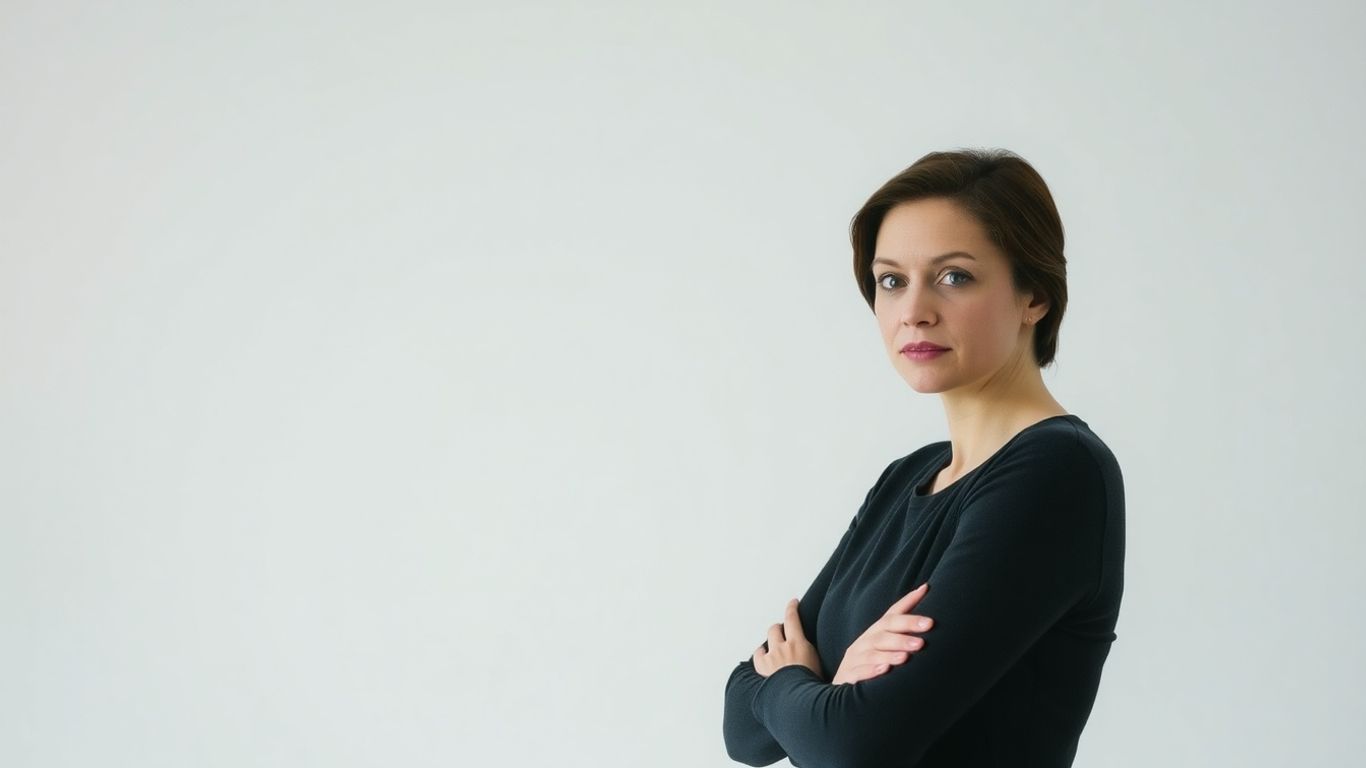 Woman with closed-off body language and neutral expression.
