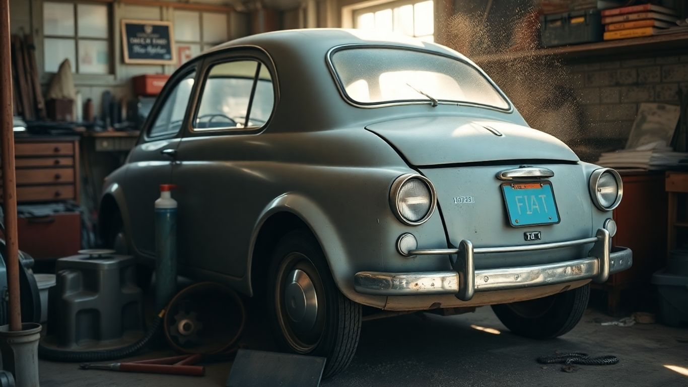 Vintage Fiat undergoing restoration in a workshop.