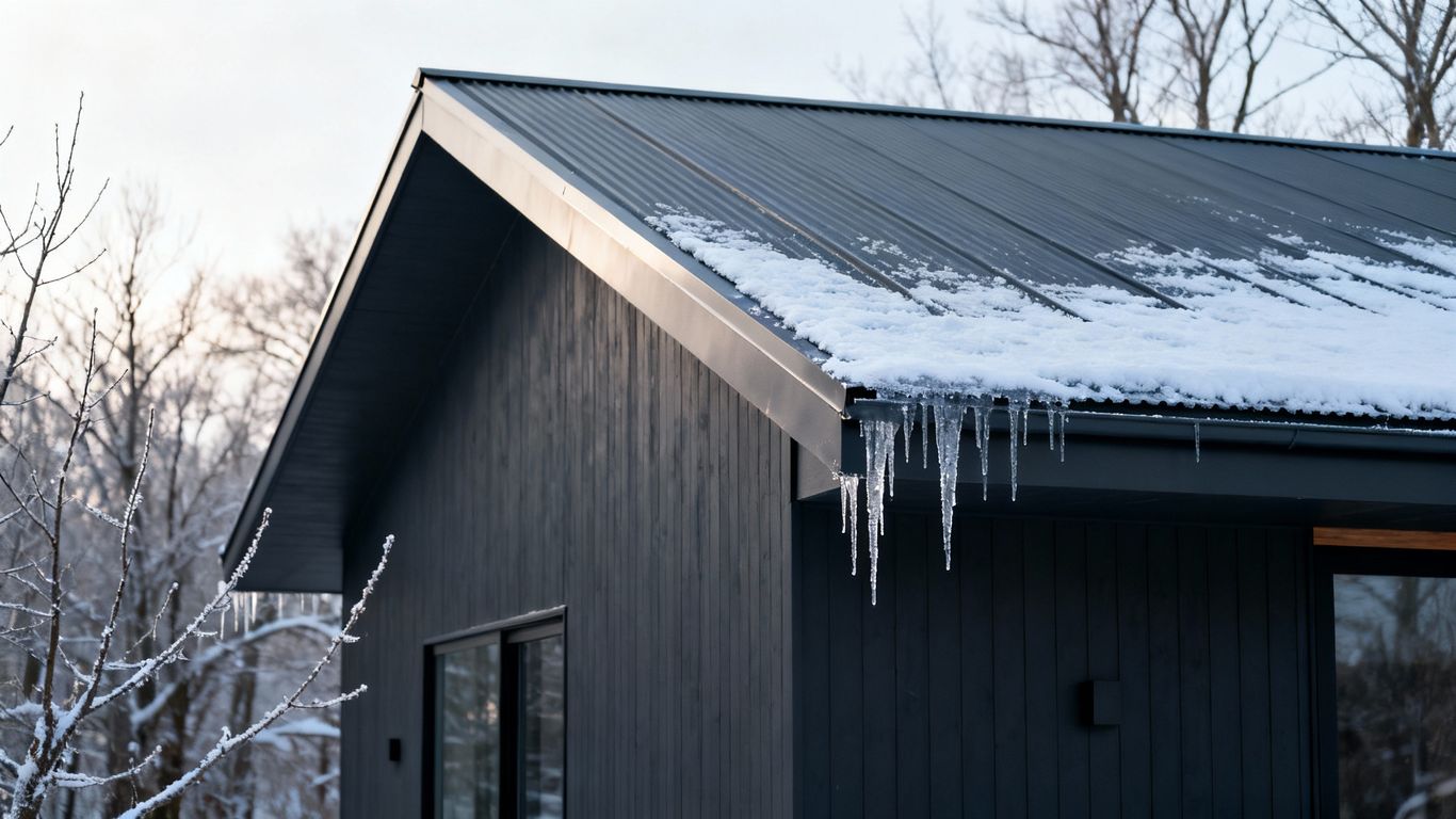 Flat metal roof with snow in cold weather.