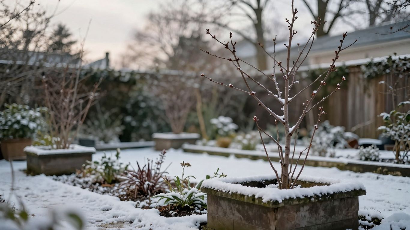 Winterruhe im urbanen Garten mit Schnee und kahlen Pflanzen.