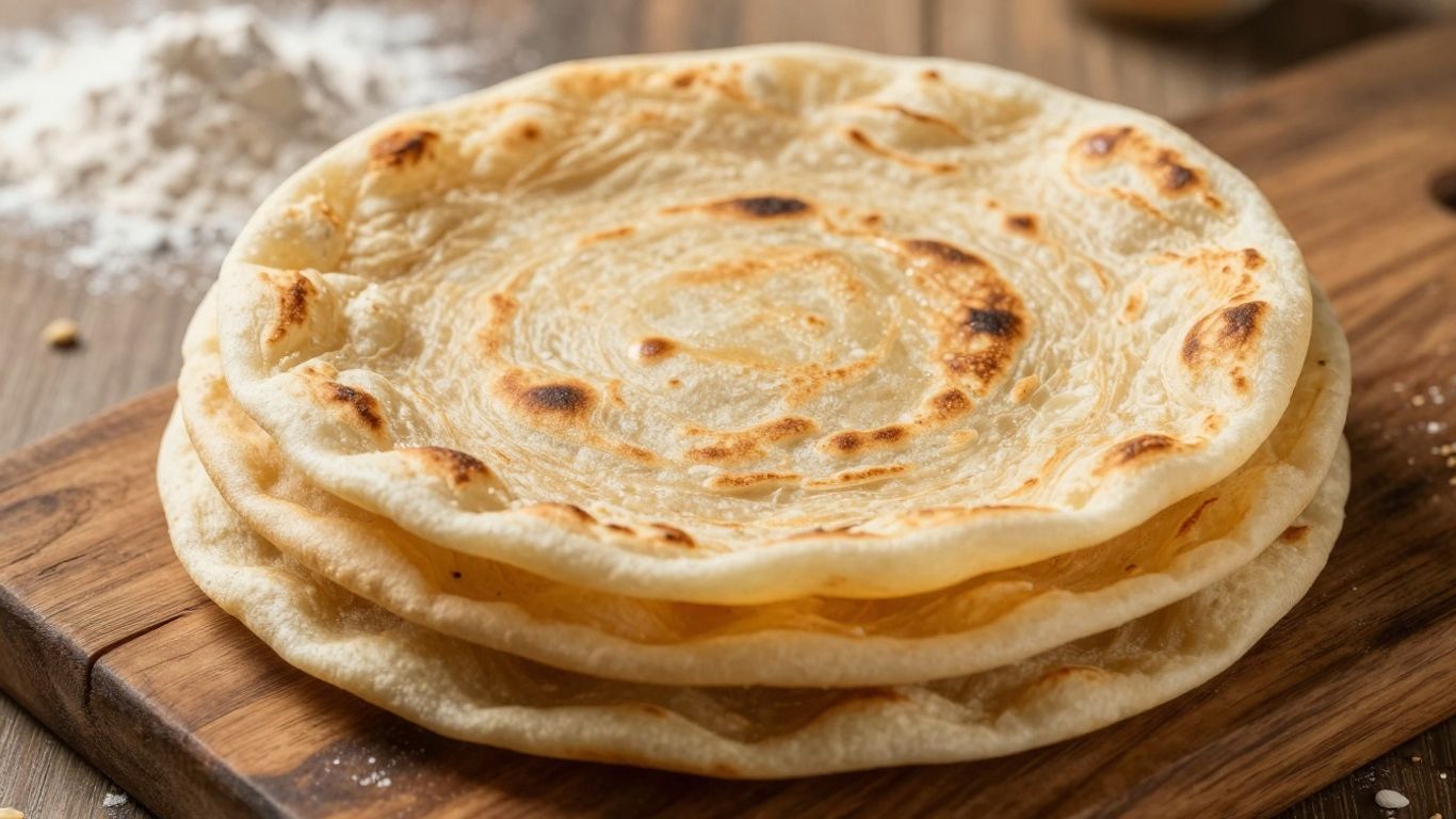 Stack of perfectly puffed soft rotis on a wooden surface.