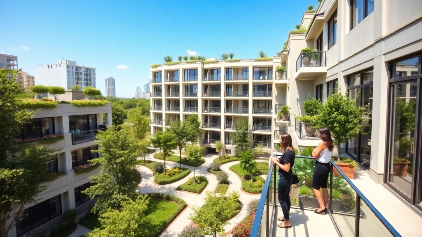 Clădire modernă cu doi tineri pe balcon, verdeață urbană