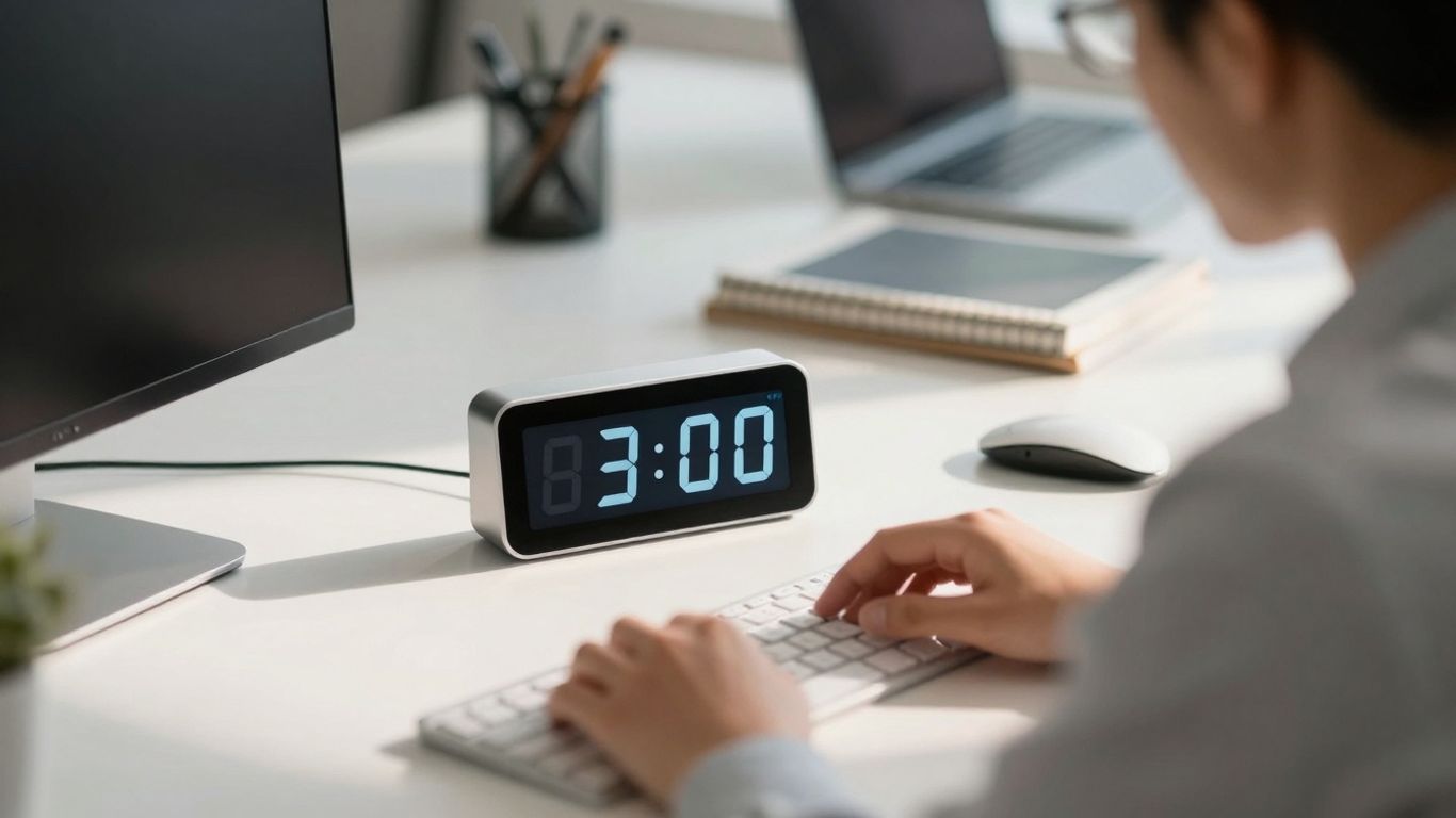 Digital countdown timer on a modern office desk.