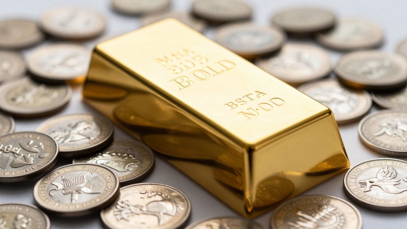 Gold ingots and silver coins piled up.
