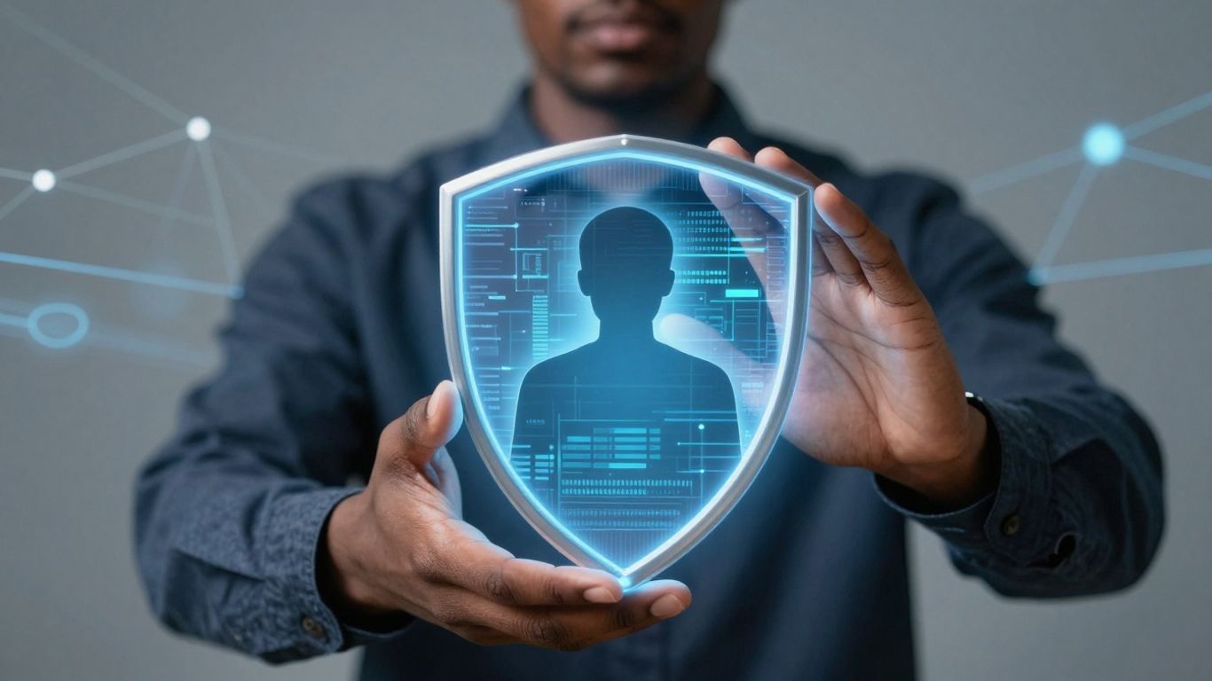 Digital shield protecting person from cyber threats.