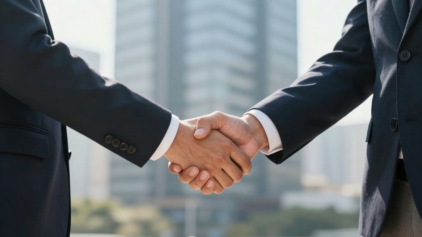 Handshake between two professionals, city backdrop.