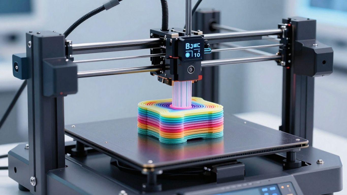 Imprimantă 3D modernă creând obiecte complexe, colorate.