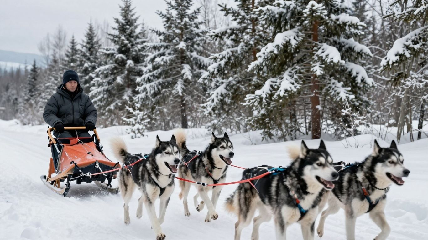 Huskies pulling a sled through a snowy forest.