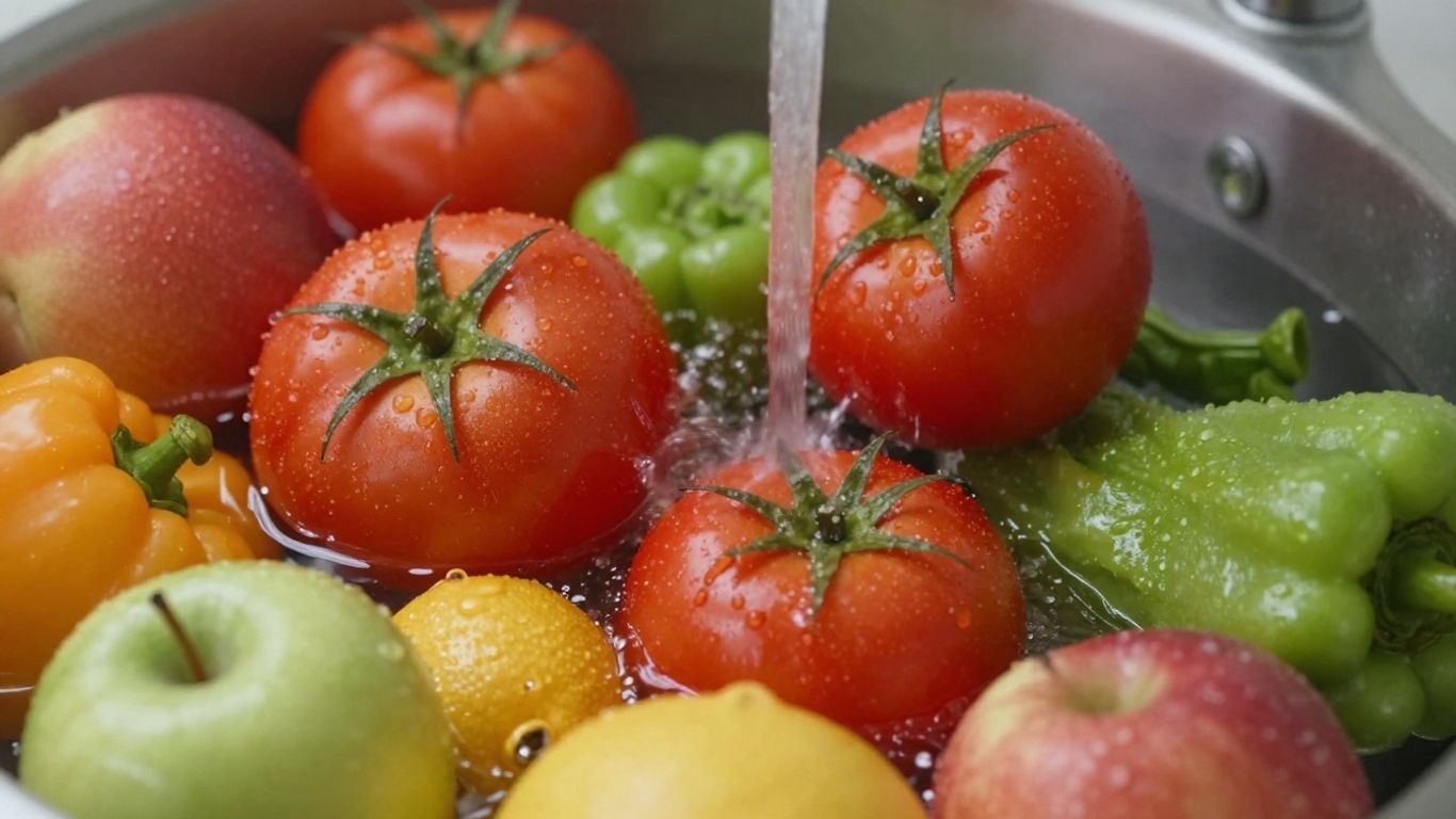 Spălarea fructelor și legumelor proaspete sub jet de apă.