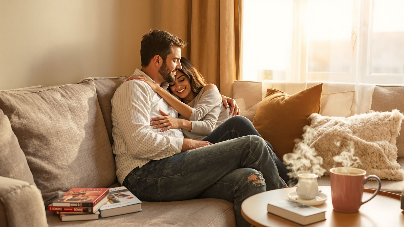 Couple embracing in a cozy living room with books.