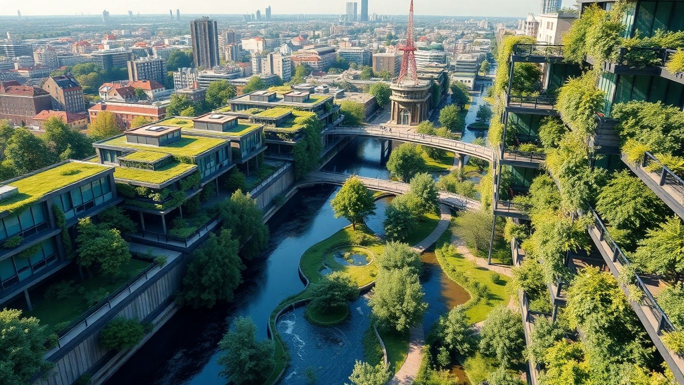 Climate-adaptive city with green infrastructure and water management.
