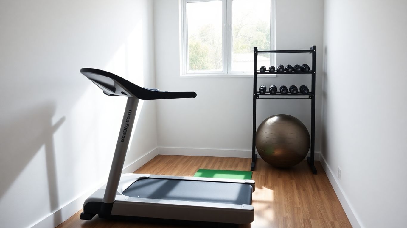 Home gym with treadmill, dumbbells, and yoga mat.