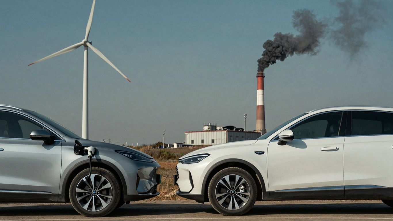 Electric car charging near wind turbine versus gasoline car near smokestack.