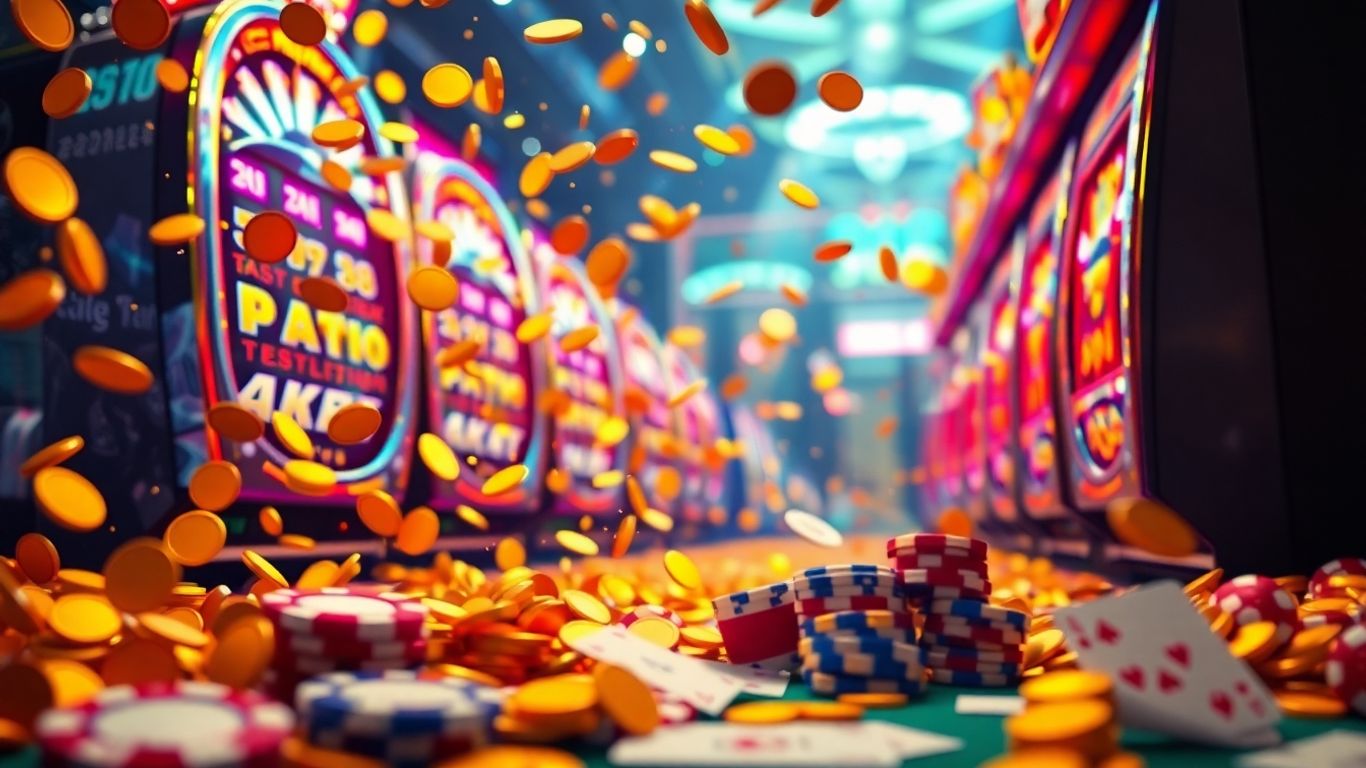 Golden coins and slot machine reels with casino chips.