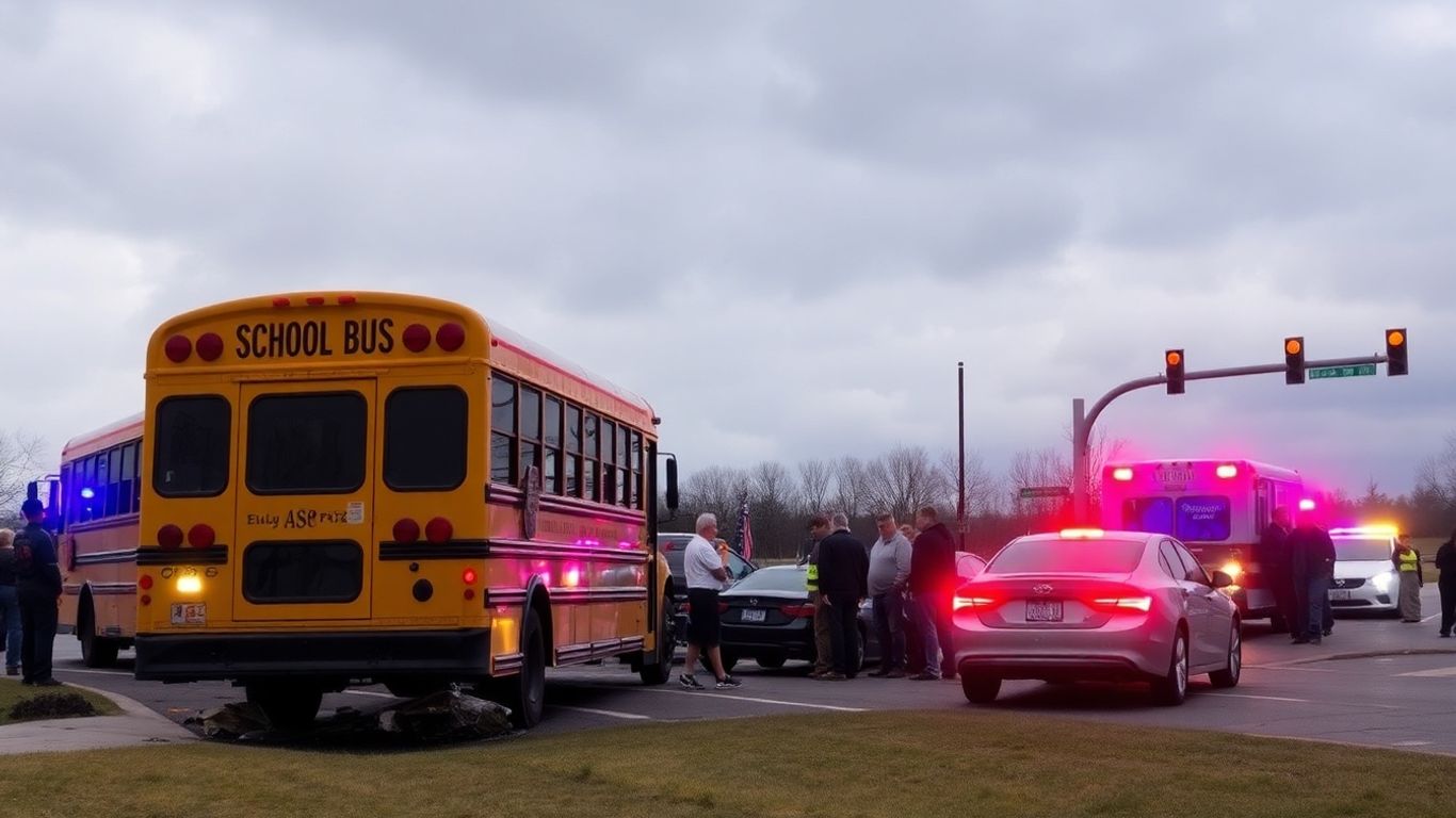 Bus scolaire accidenté avec voiture, ambulances et secouristes présents.