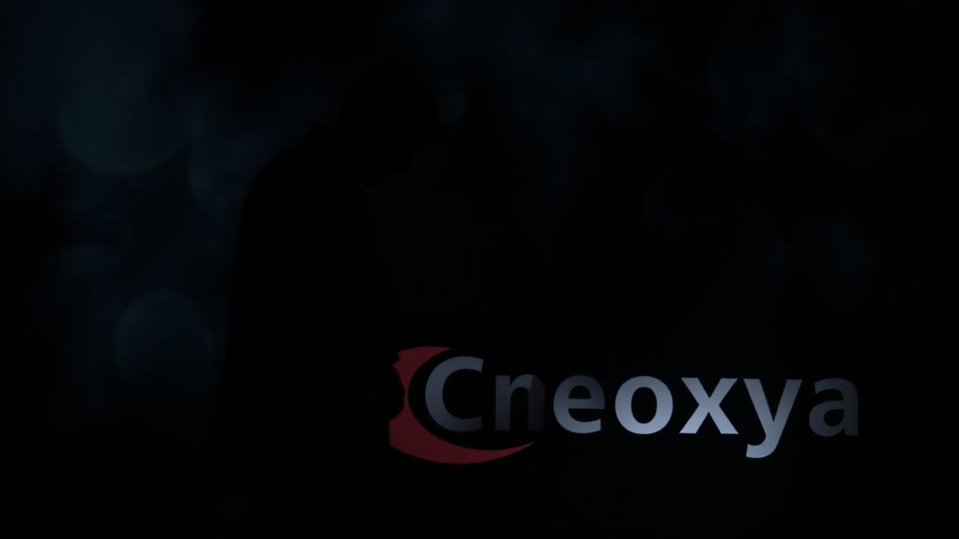 Shadowy figure and company logo with dark, misty background.
