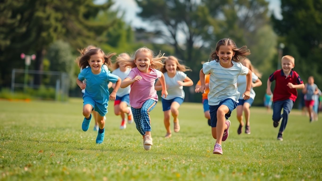 Kinder spielen begeistert ein Laufspiel im Freien.