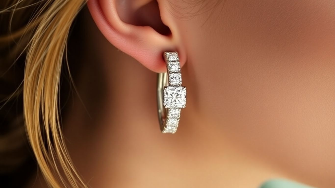 Sparkling diamond hoop earrings on a woman's ear.