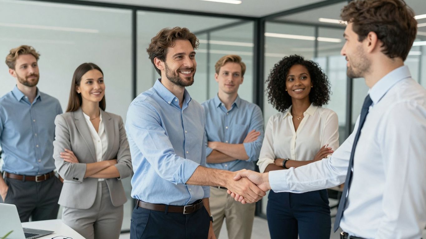 Successful professionals shaking hands in a modern office.