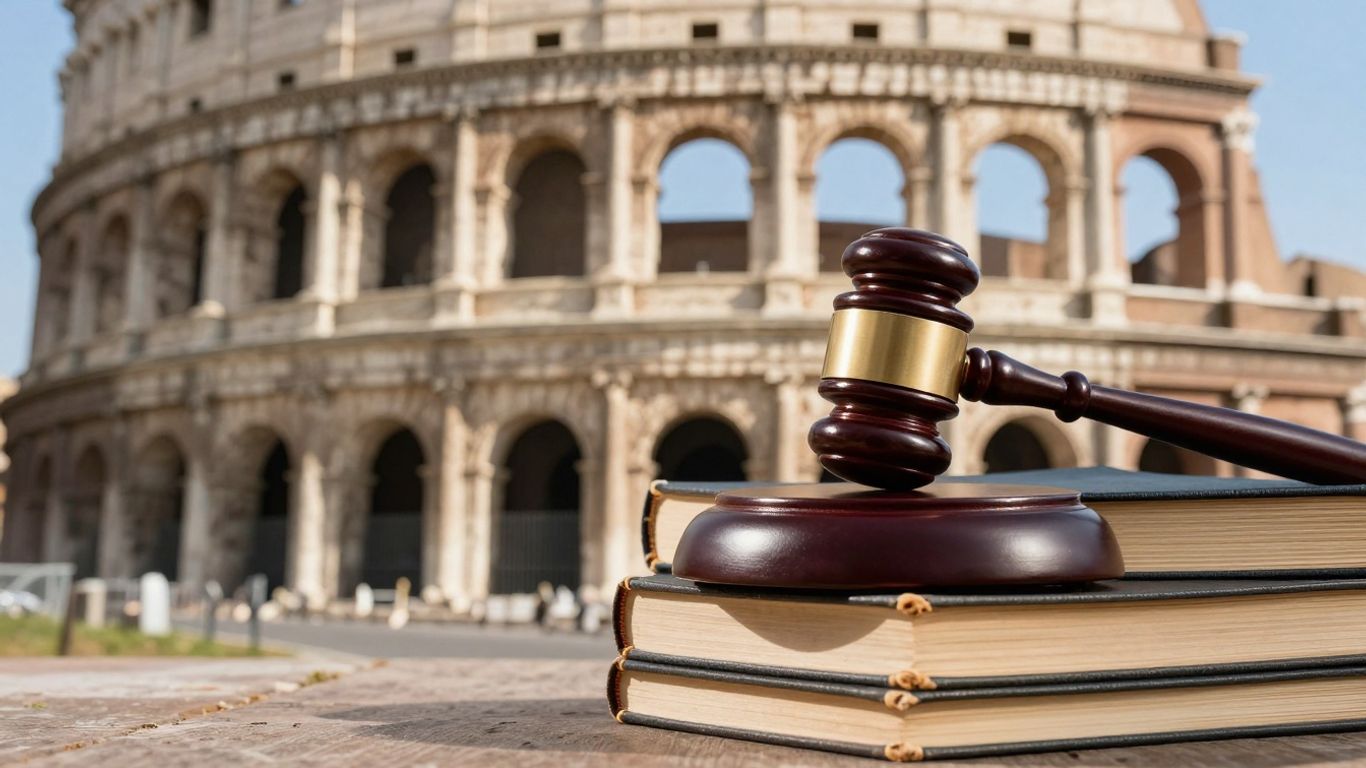 Ancient Roman architecture and a gavel on legal books.