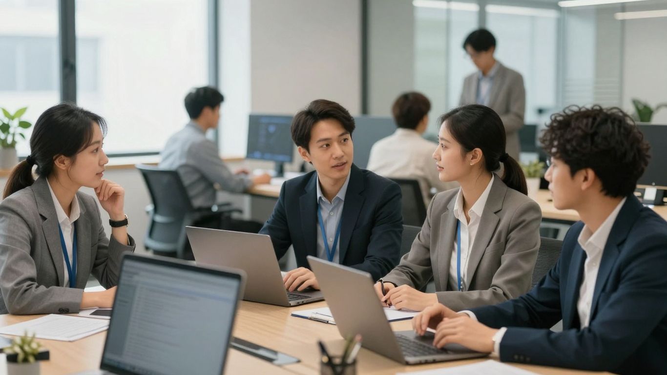Diverse professionals collaborating in a modern office environment.