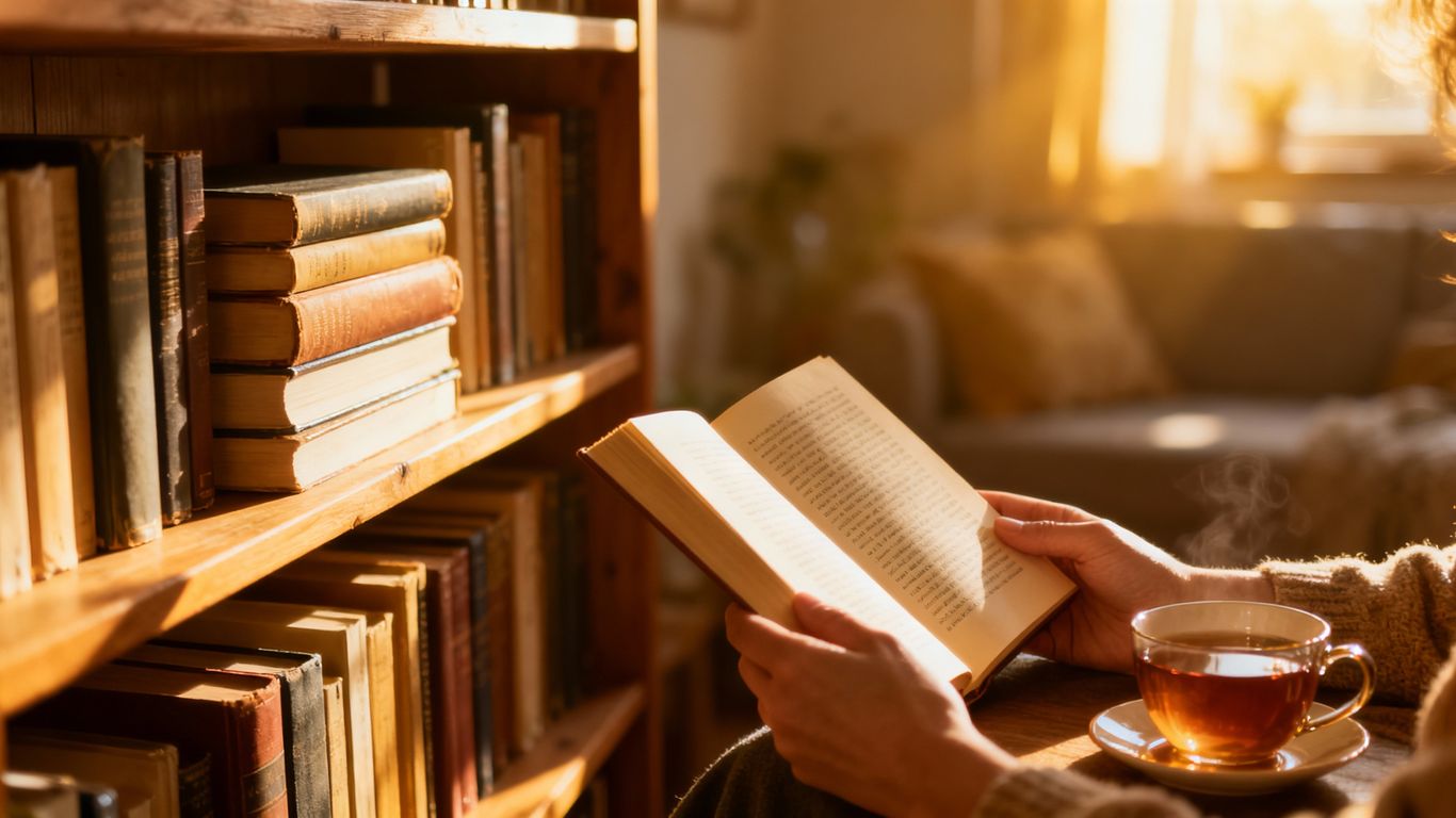 Calm person reading a book with tea.