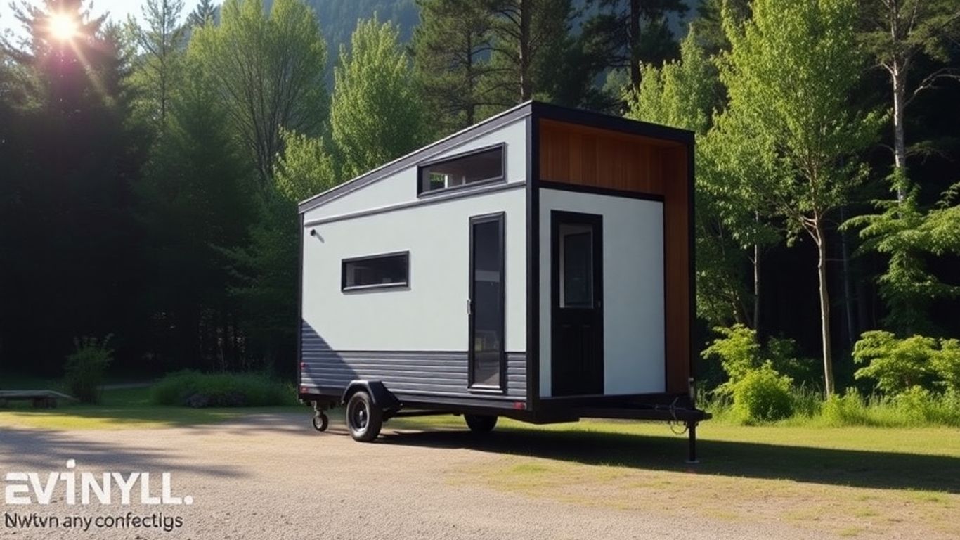 Casă pe roți într-un peisaj natural pitoresc.