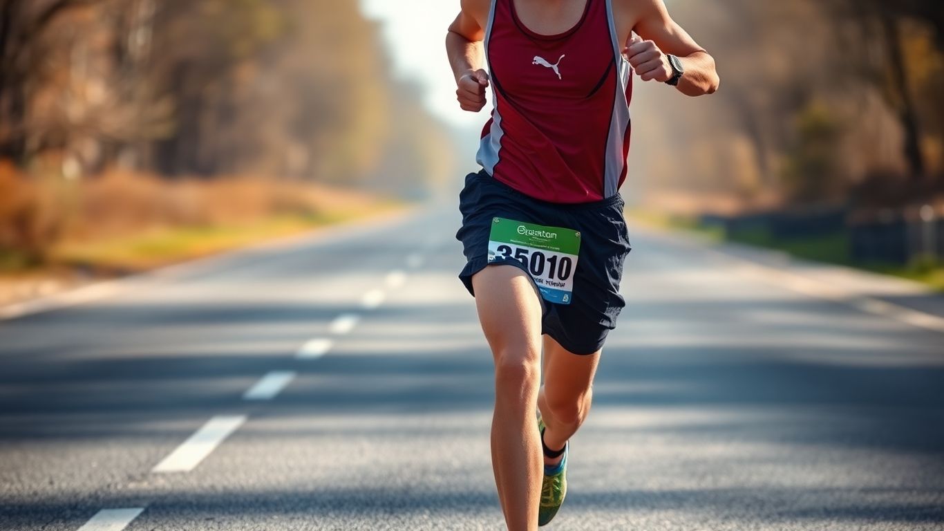 Runner's determined stride on an open marathon course.