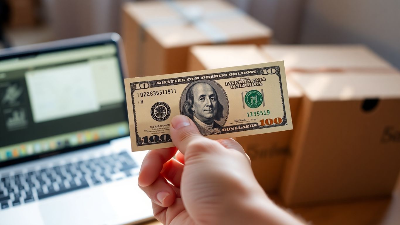 $100 bill with laptop and shipping boxes background.