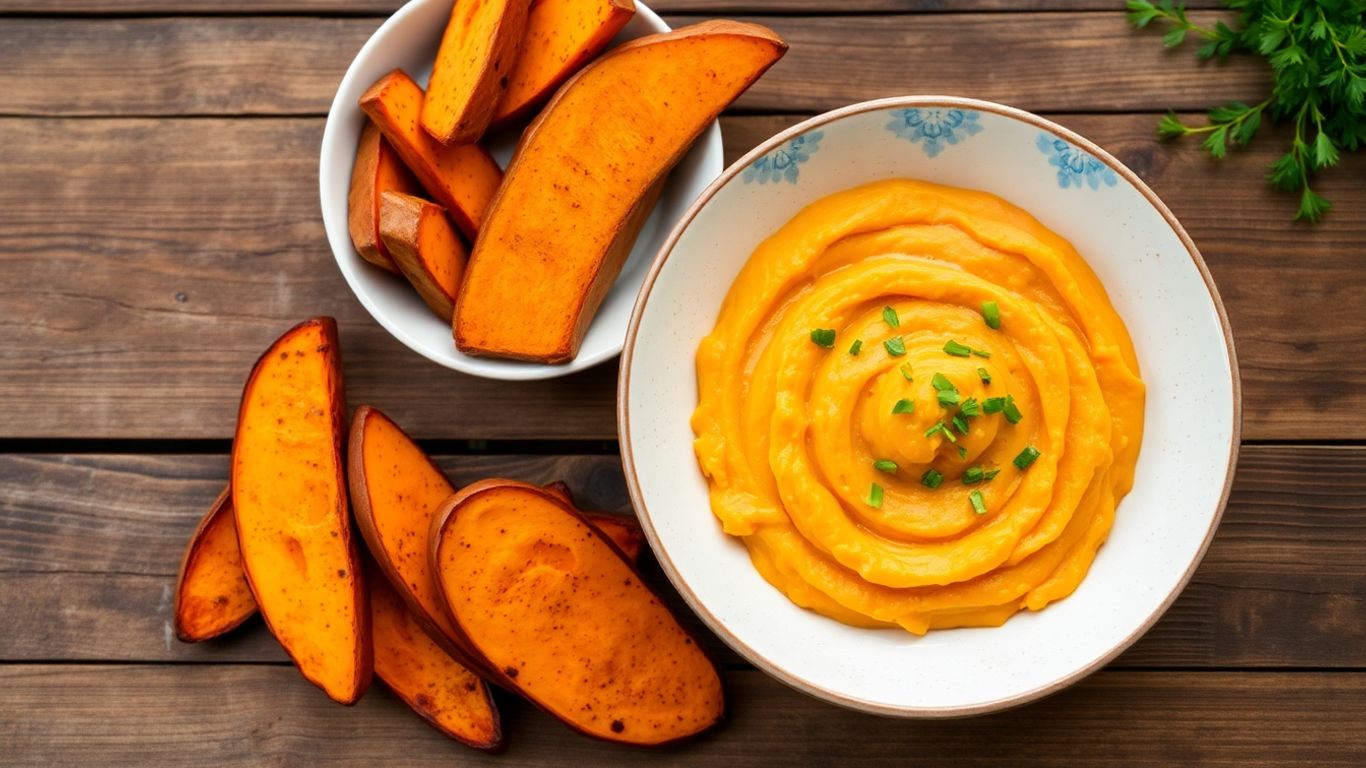 Romige stamppot met zoete aardappelen en kruiden