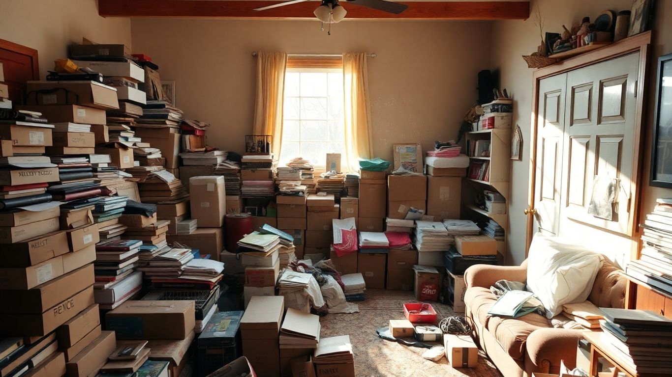 Cluttered Minnesota home interior with overflowing items.