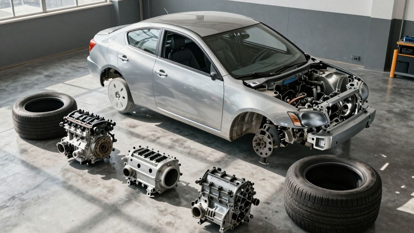 Disassembled Nissan car parts in a workshop.