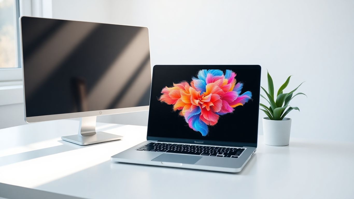 Laptop displaying abstract art on a desk.
