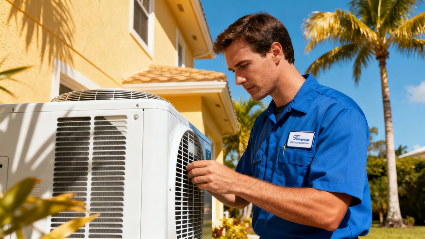 AC technician checks outdoor unit in sunny Miami