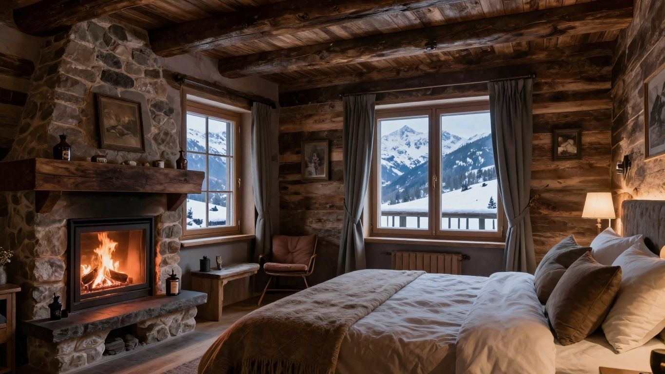 Intérieur de gîte savoyard avec cheminée et lit douillet.