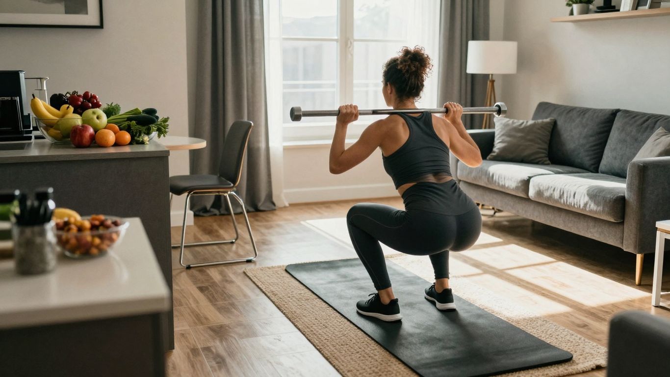 Frau macht Kniebeugen zu Hause mit gesunden Lebensmitteln.