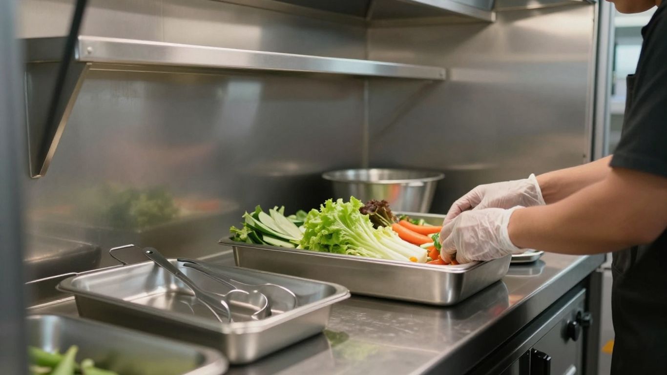 Mobile catering unit kitchen with food preparation and safety measures.