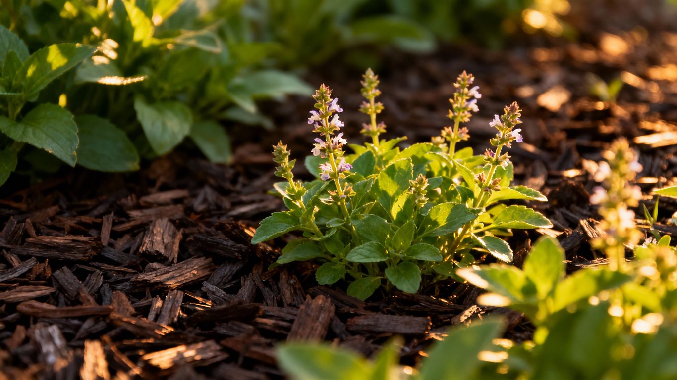 Mulched garden bed with healthy perennial plants and flowers.